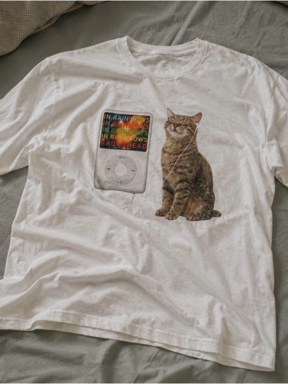 White Cat Graphic Tee with iPod Design reprint
